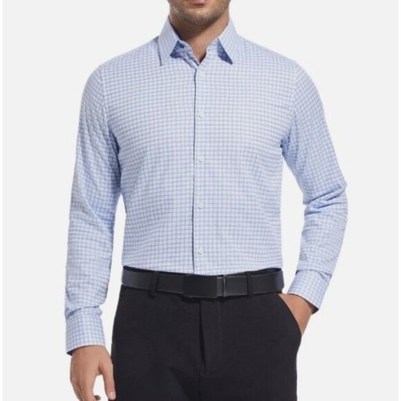 NEW Duchamp Men's 16L Stretch Button Down Dress Shirt Slim Blue Check Pattern - Picture 1 of 7